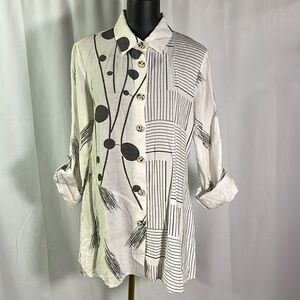 NorthStyle White & Black Mixed Print Oversized Roll-Tab Sleeve Button Down Shirt
